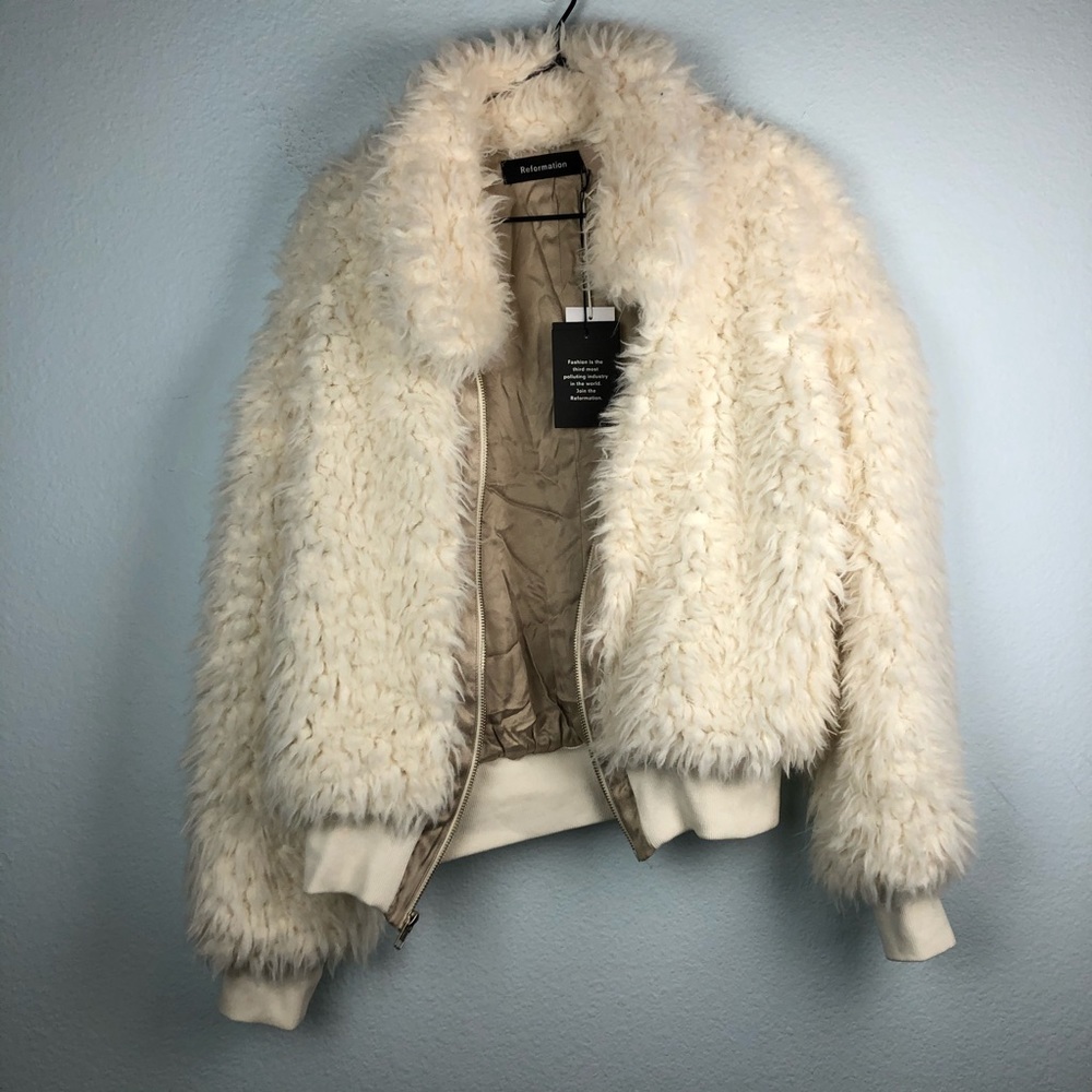 Reformation Freddie Faux Fur Jacket Cream Coat L - Picture 6 of 8